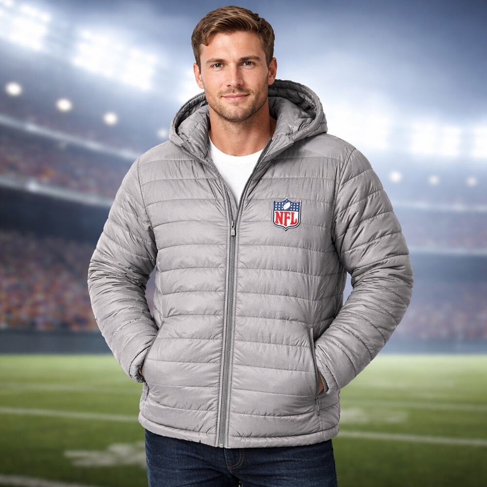 NWT NFL Shield Puffer Jacket M Silver Gray Hooded Quilted Coat Ultra Game $140
